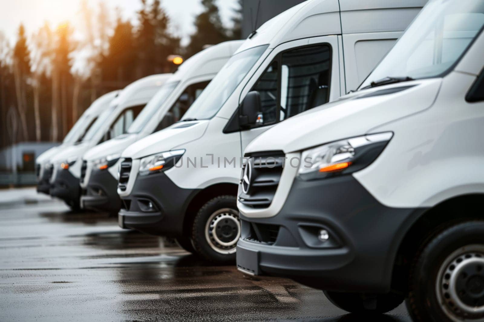 Commercial Delivery Vans Lined Up . Generative AI by matamnad