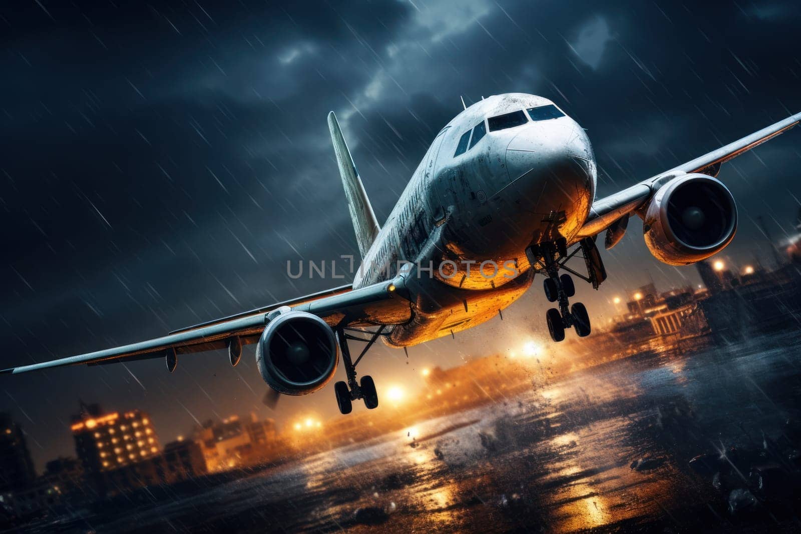 Passenger plane flies in a thunderstorm. Generate Ai..