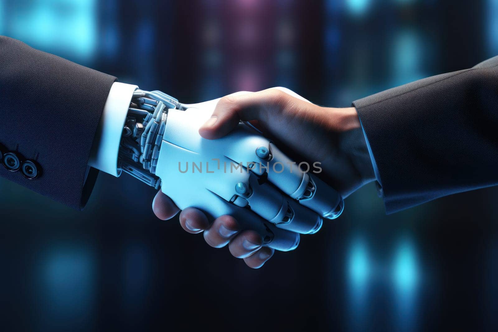 Robot and businessman hands in handshake. Generative AI.