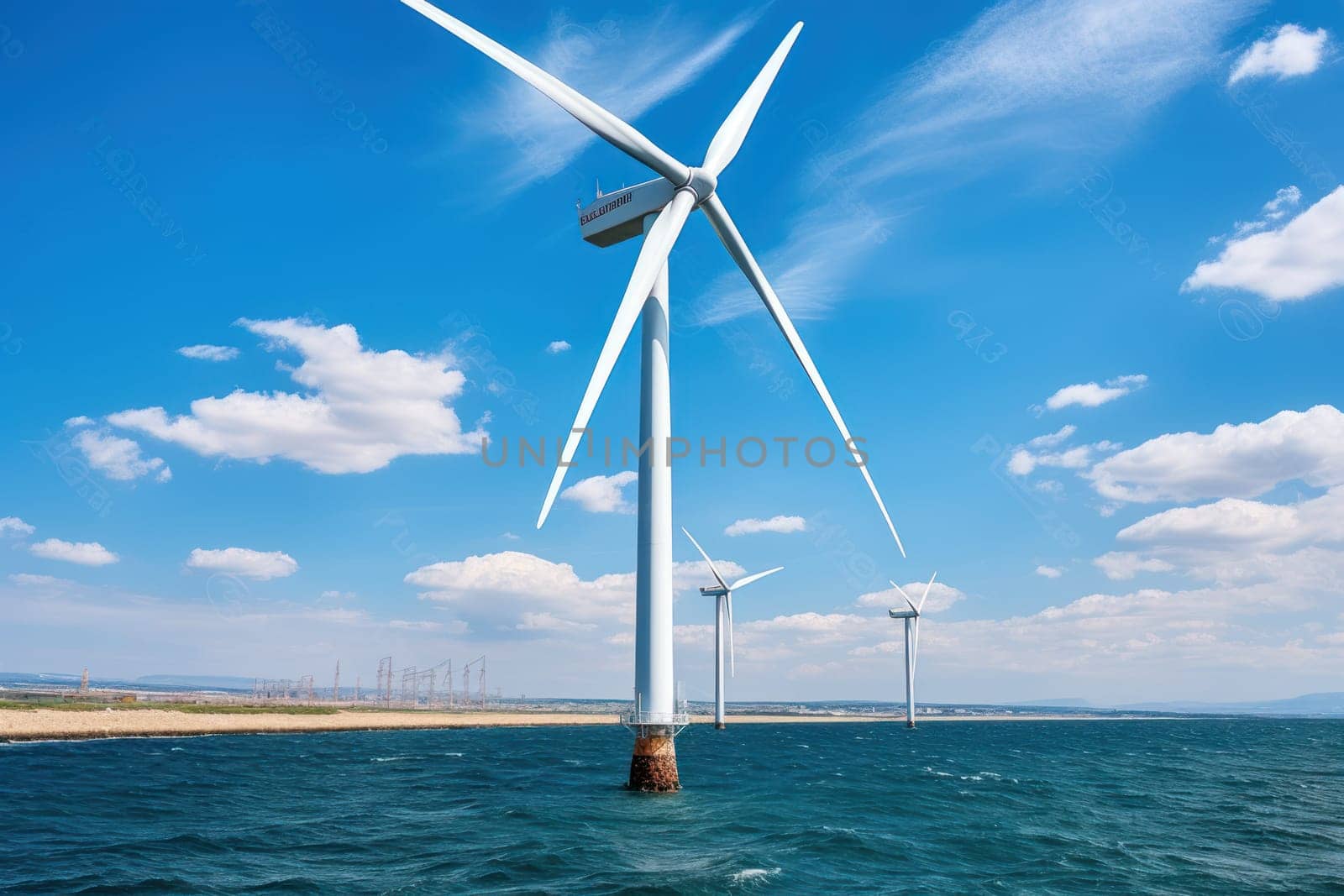 Wind turbines on the green hills against the colorful sunset sky. Production of renewable green energy. g. Generative AI.