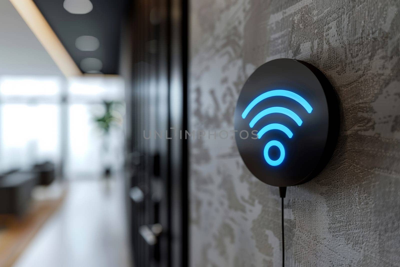a wifi extender iot , blue wifi symbol, connected smart home.ai generative by matamnad