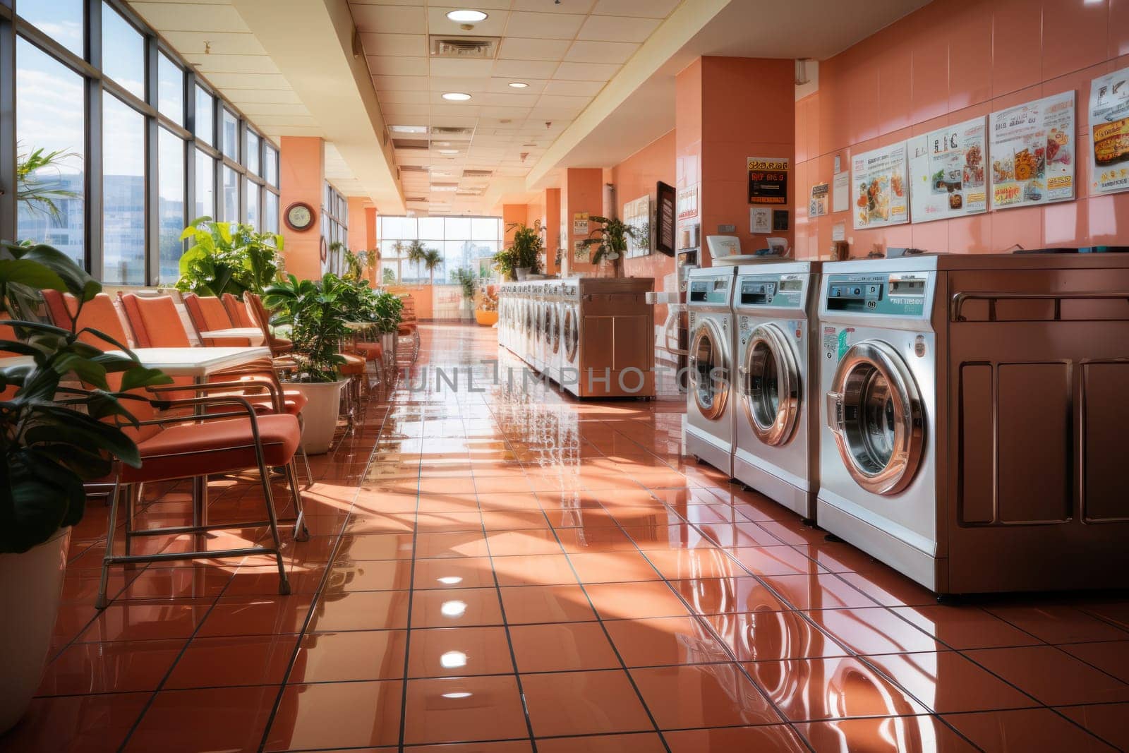 laundry, washing machines in a row. AGenerative AI.