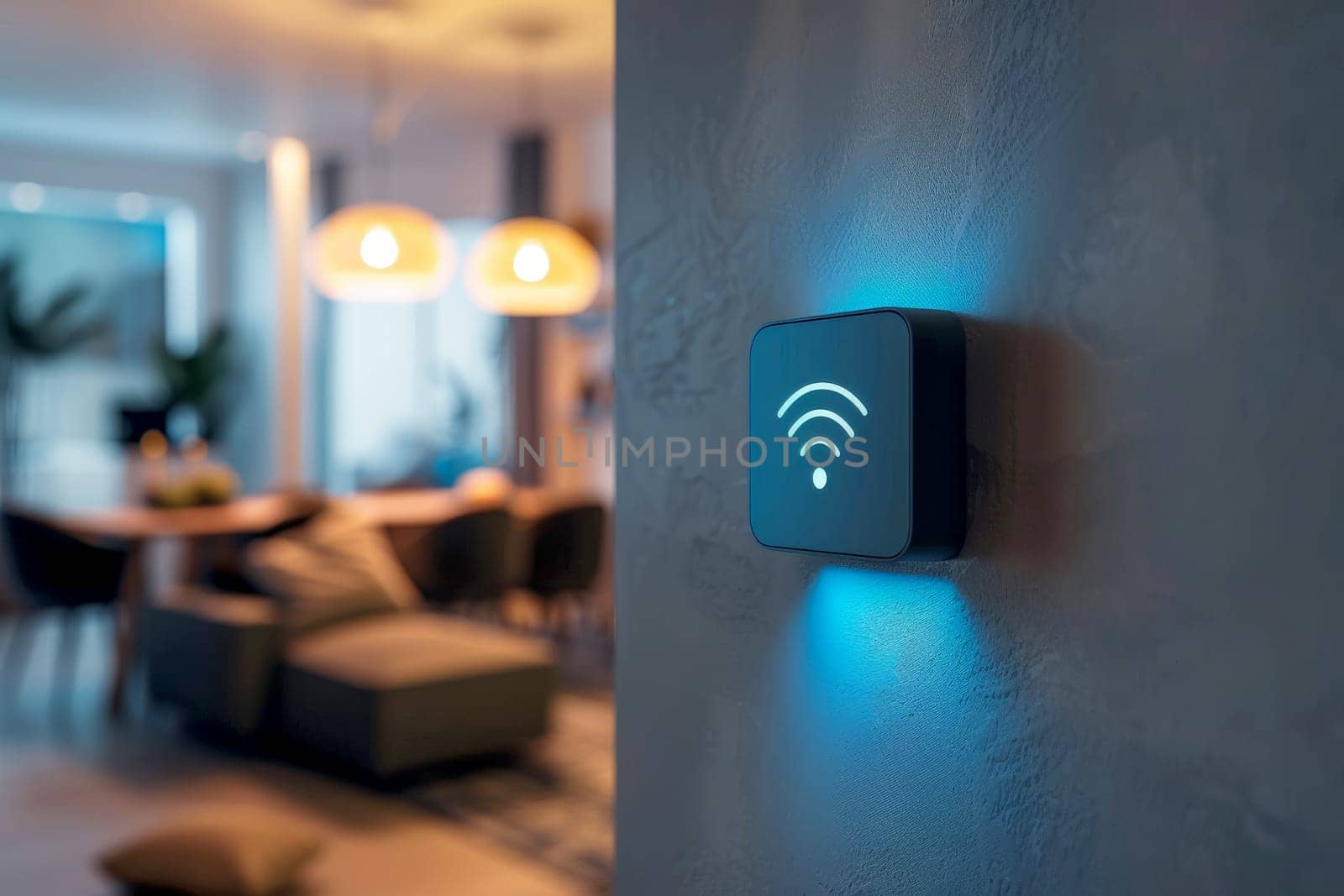 a wifi extender iot , blue wifi symbol, connected smart home.ai generative.