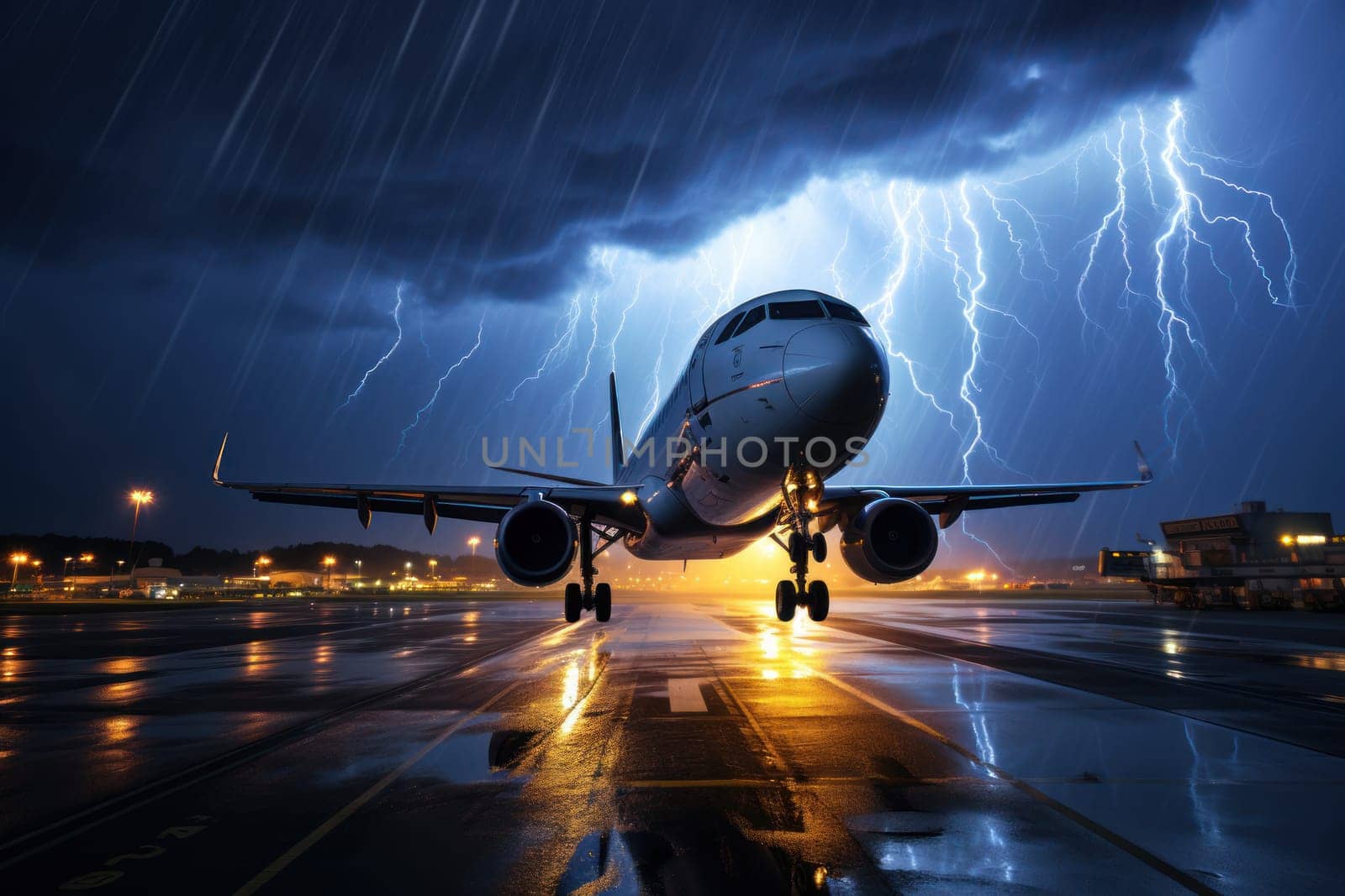 Passenger plane flies in a thunderstorm. Generate Ai..