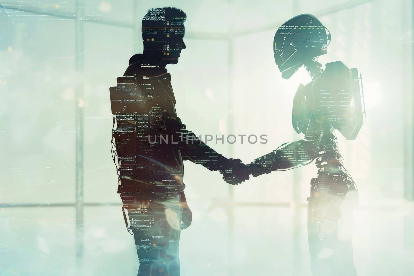 Man and robot shaking hands, concept of technological innovation, cooperation between robots and future artificial intelligence.