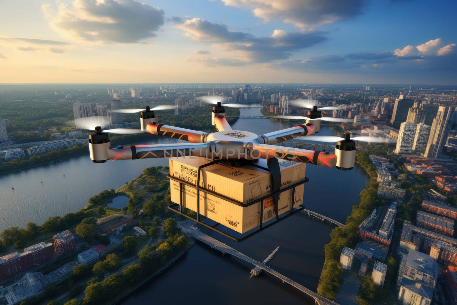 Future technology of autonomous logistics concept. Delivery drone flying background. Generative AI.