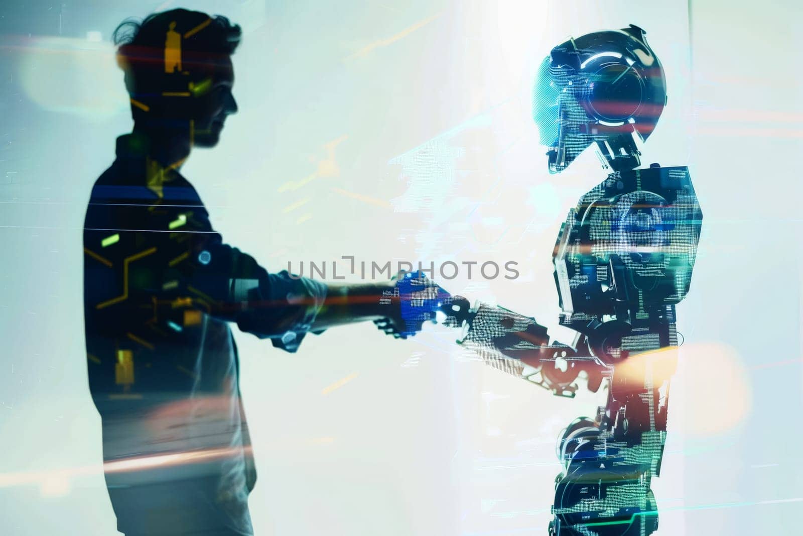 Man and robot shaking hands, concept of technological innovation, cooperation between robots and future artificial intelligence by matamnad