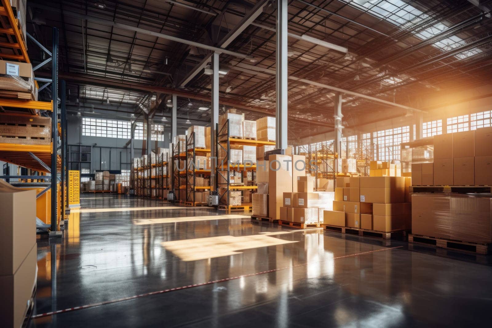 A large clean warehouse with shelves, cardboard boxes and products. Generative AI by matamnad
