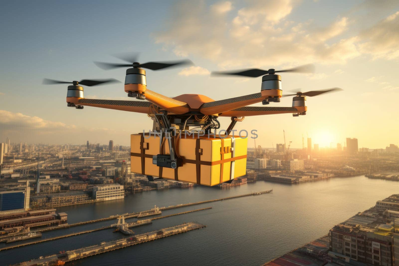 Future technology of autonomous logistics concept. Delivery drone flying background. Generative AI.