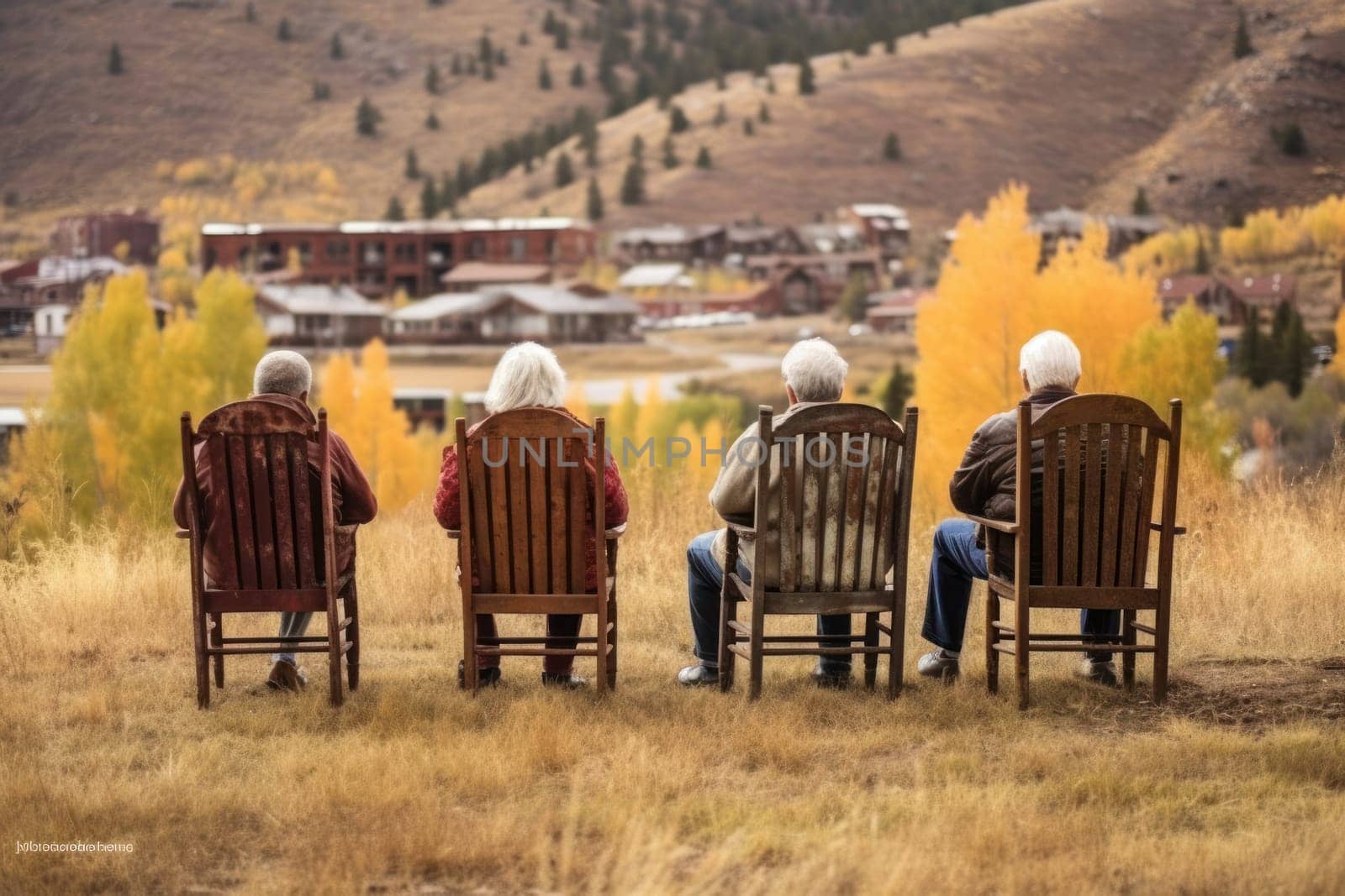 senior couple sitting on a bench in an autumn park, Generative AI by matamnad