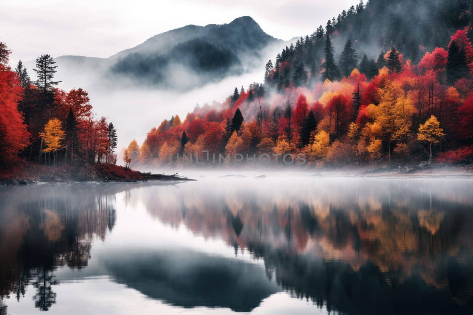 vibrant autumn landscape with mountain and lake reflection, created with generative ai by matamnad