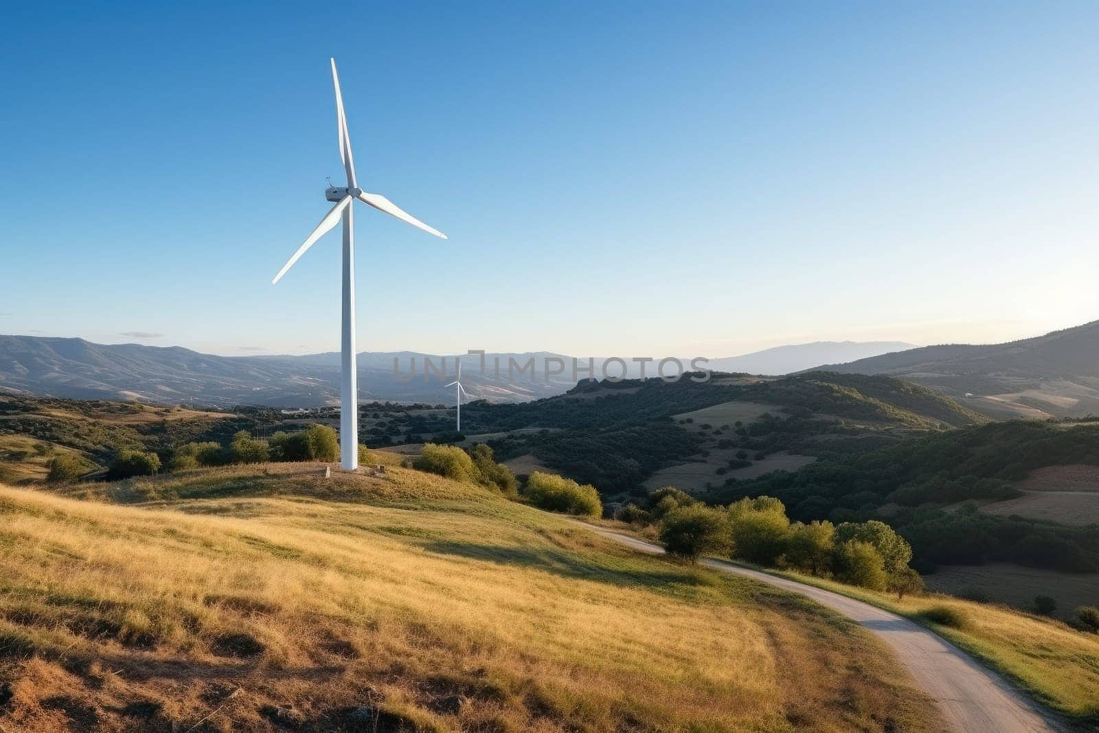 Wind turbines on the green hills against the colorful sunset sky. Production of renewable green energy. g. Generative AI.