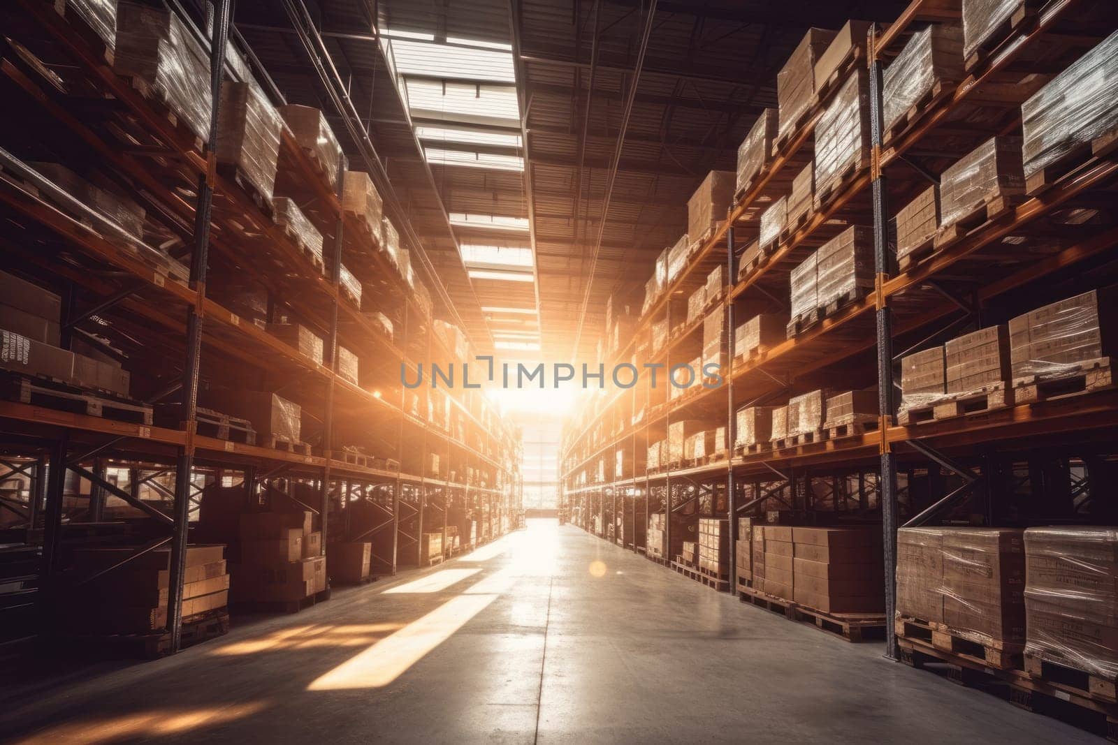 boxes placed on warehouse racks for a logistics . Generative Ai..