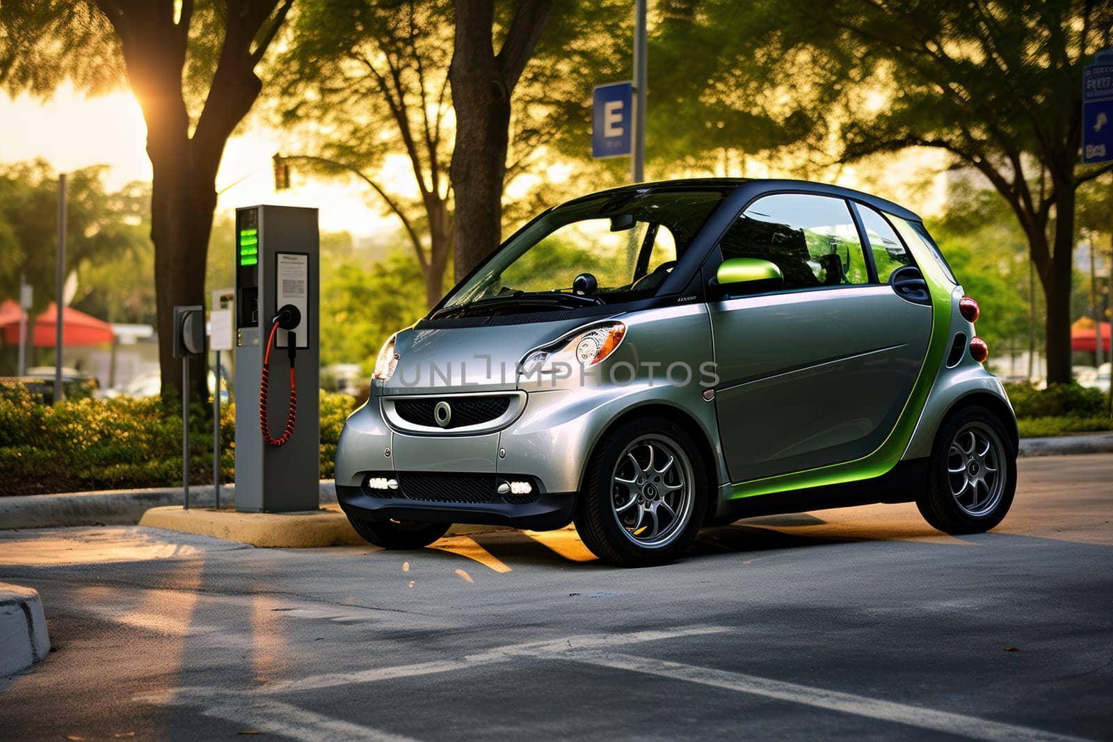 EV charging car on a sunny day. Generative AI. by matamnad