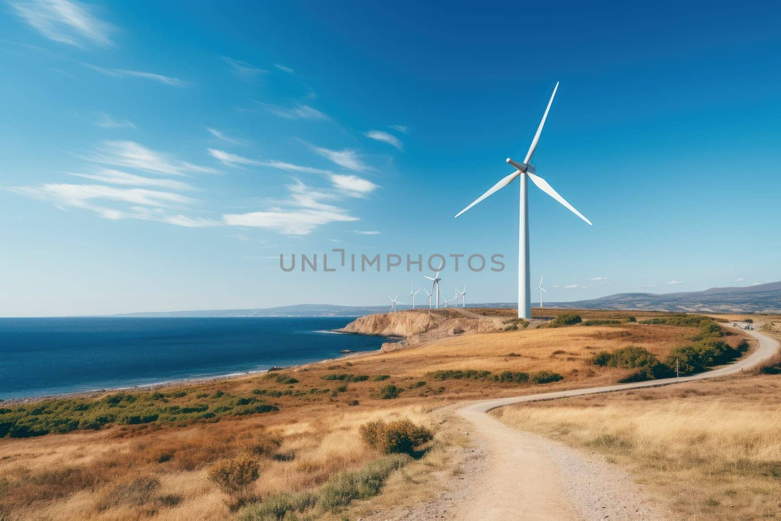 Wind turbines on the green hills against the colorful sunset sky. Production of renewable green energy. g. Generative AI.