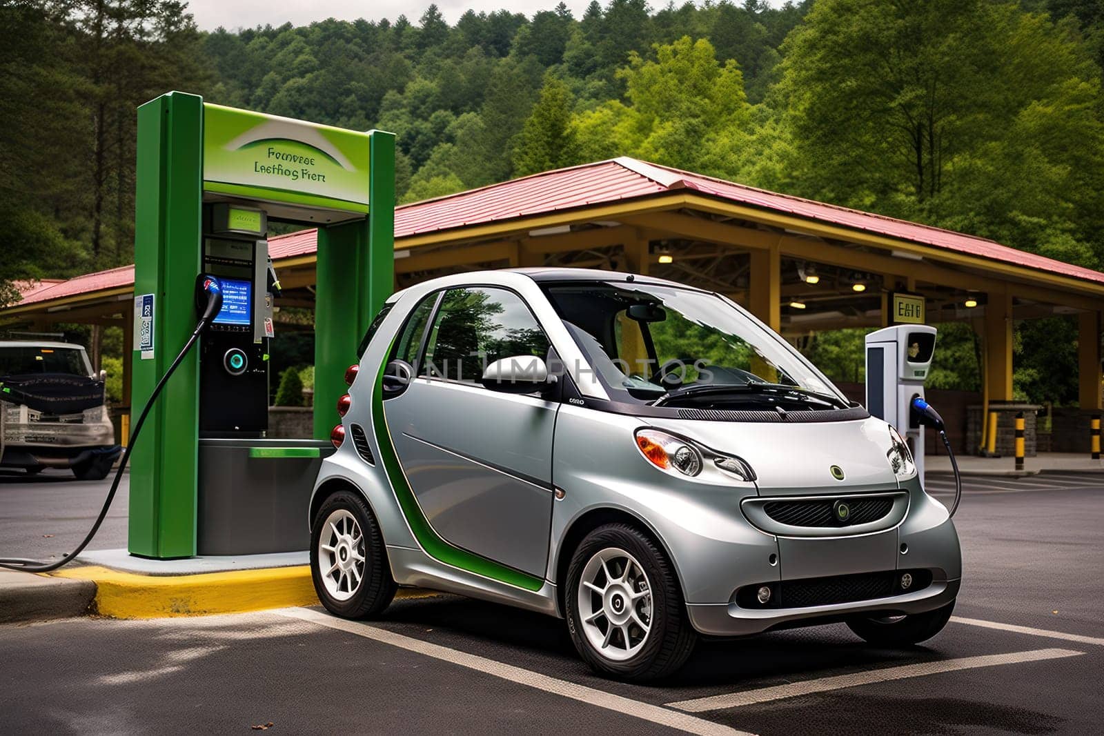 EV charging car on a sunny day. Generative AI..