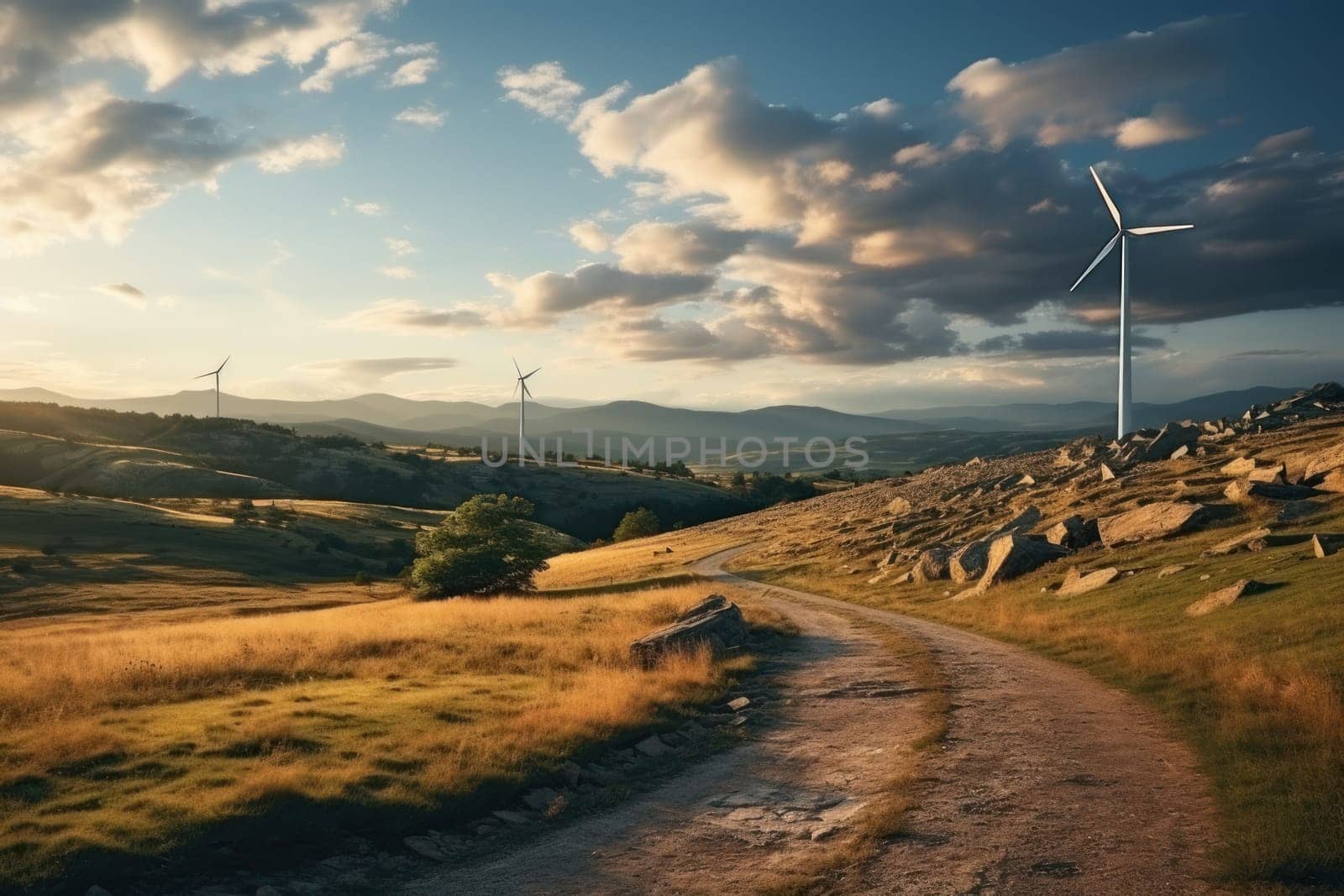 Wind turbines on the green hills against the colorful sunset sky. Production of renewable green energy. g. Generative AI.