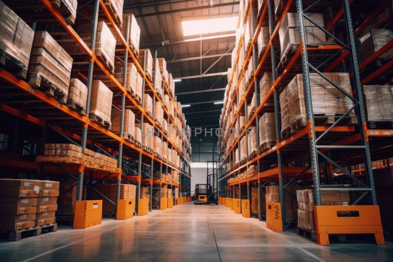 boxes placed on warehouse racks for a logistics . Generative Ai..