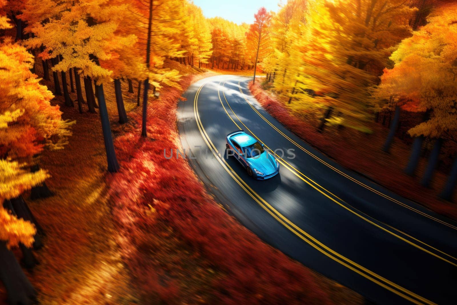 a car in autumn forest . Ideal for dreaming or traveling. Generative AI by matamnad