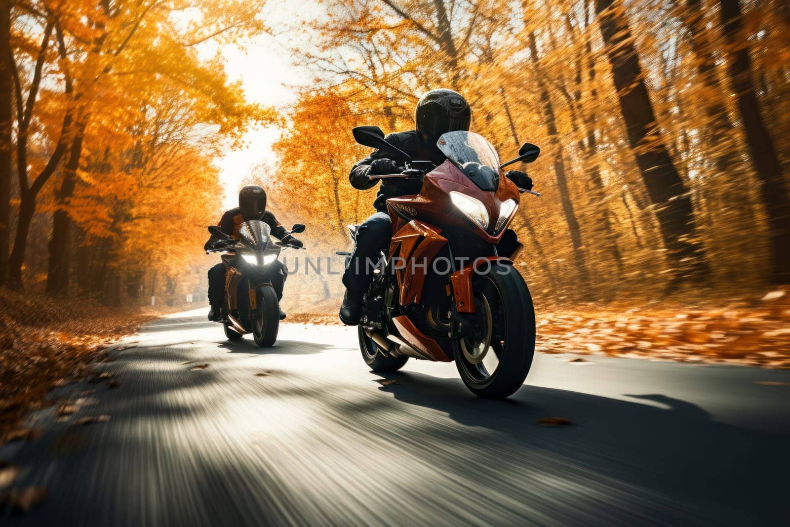 ride motorbike full of autumn flowers and leaves. Generative AI technology. by matamnad