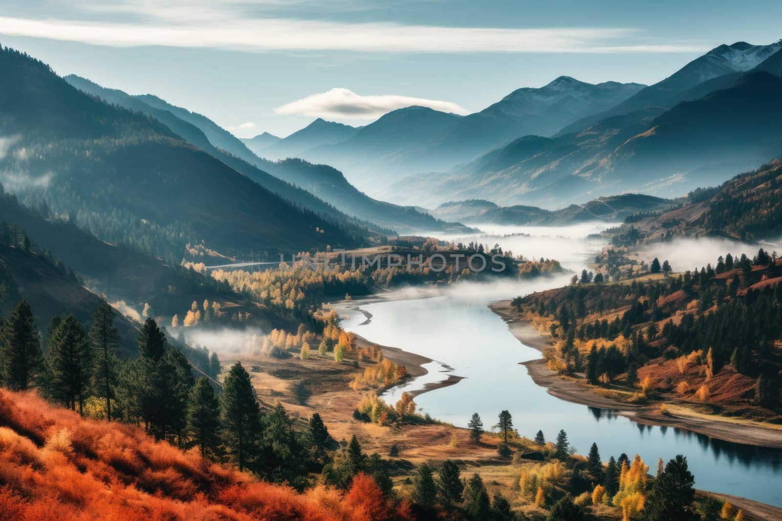 vibrant autumn landscape with mountain and lake reflection, created with generative ai.