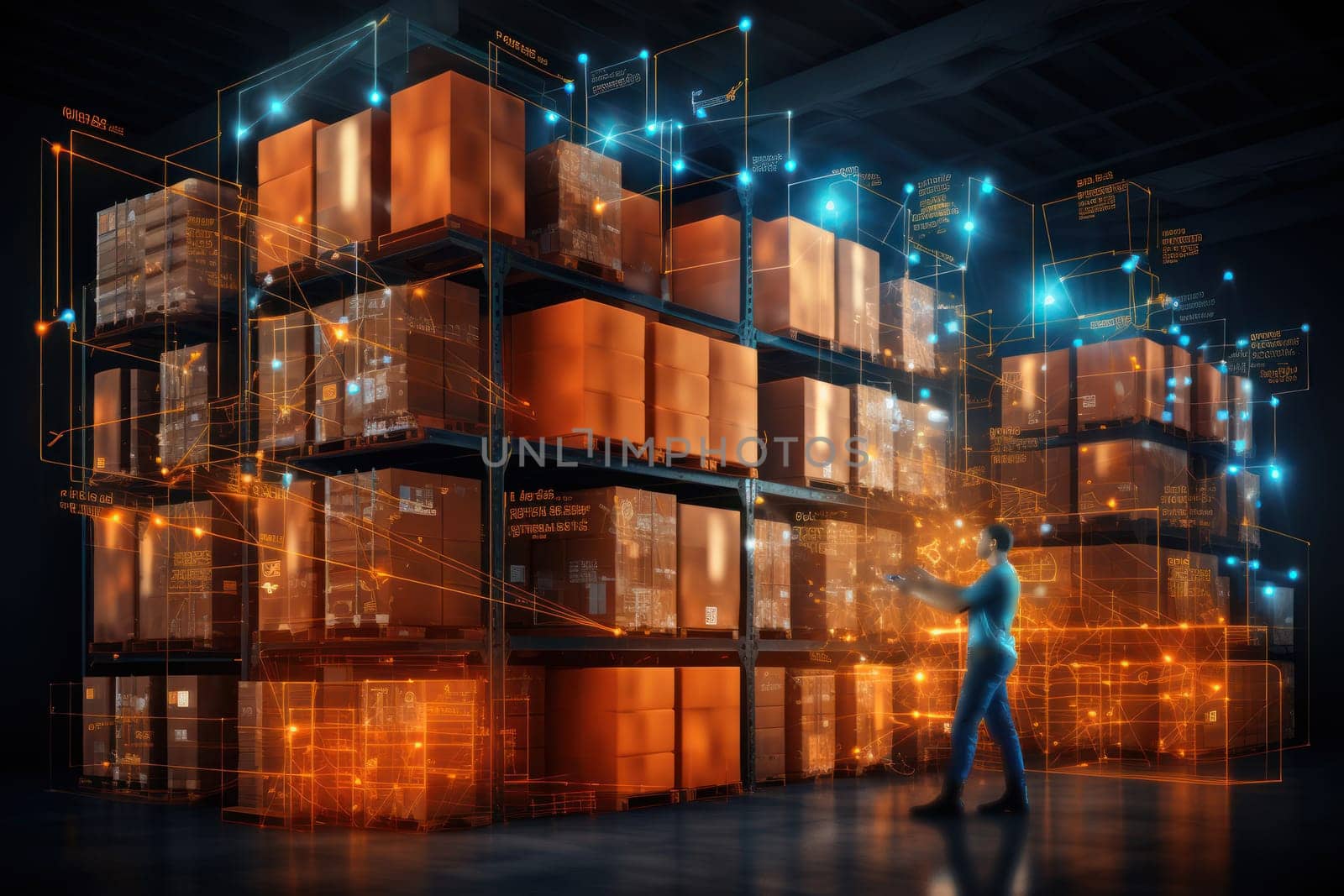 A large clean warehouse with shelves, cardboard boxes and products. Generative AI by matamnad