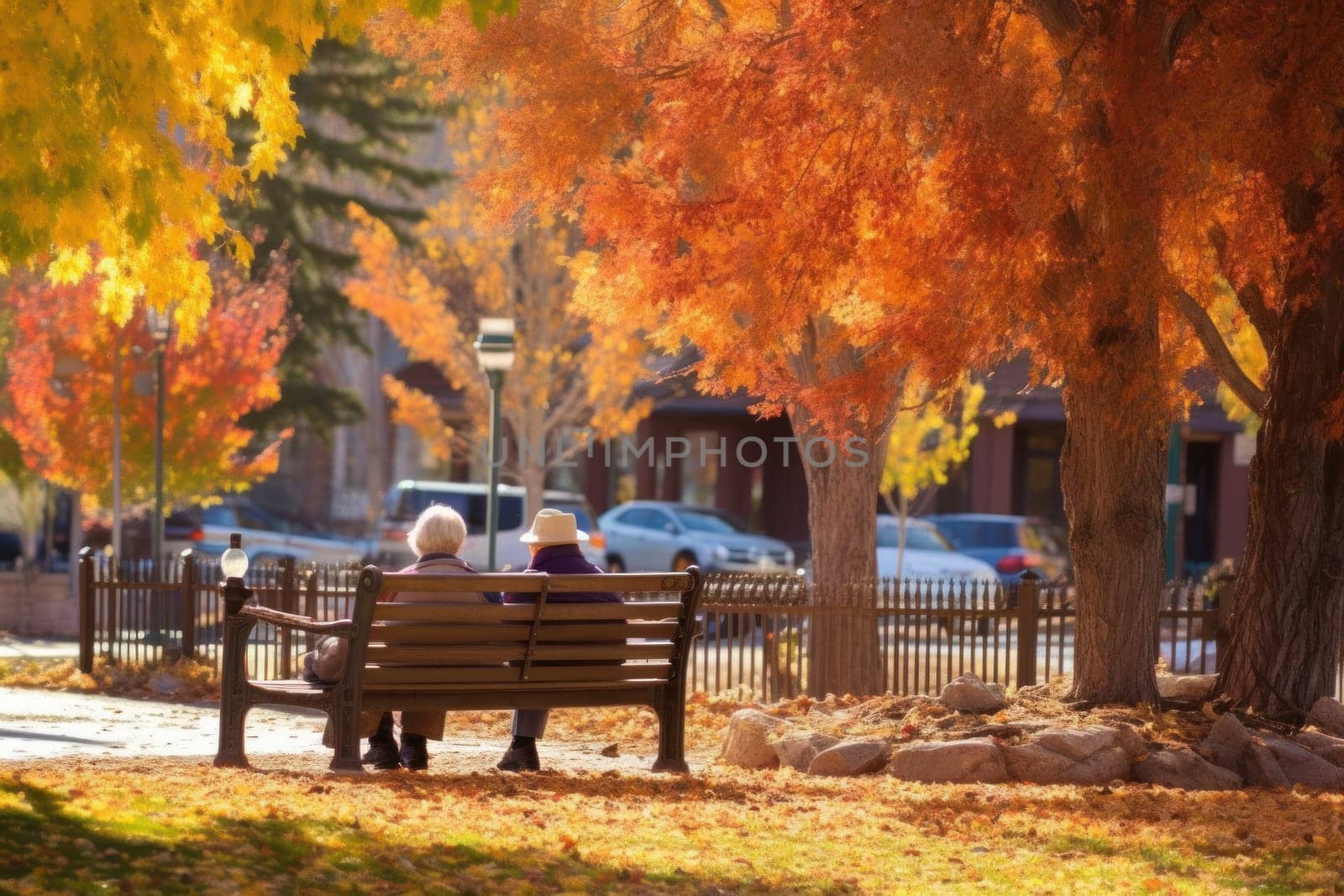 senior couple sitting on a bench in an autumn park, Generative AI.