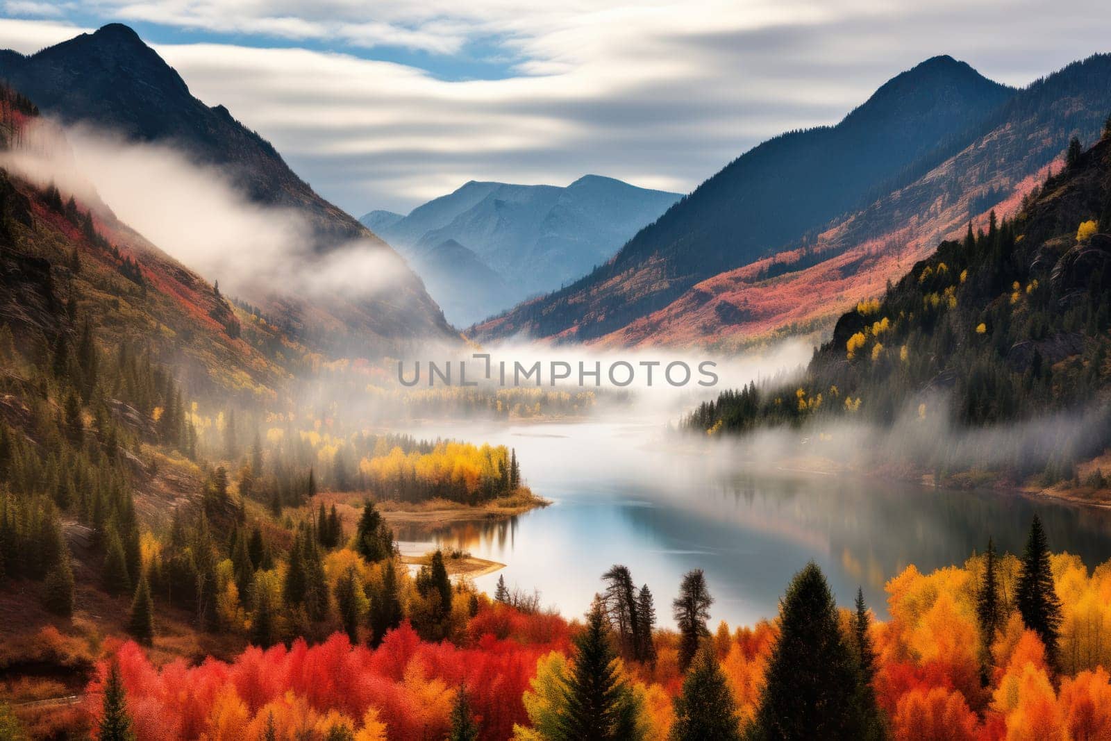 vibrant autumn landscape with mountain and lake reflection, created with generative ai.