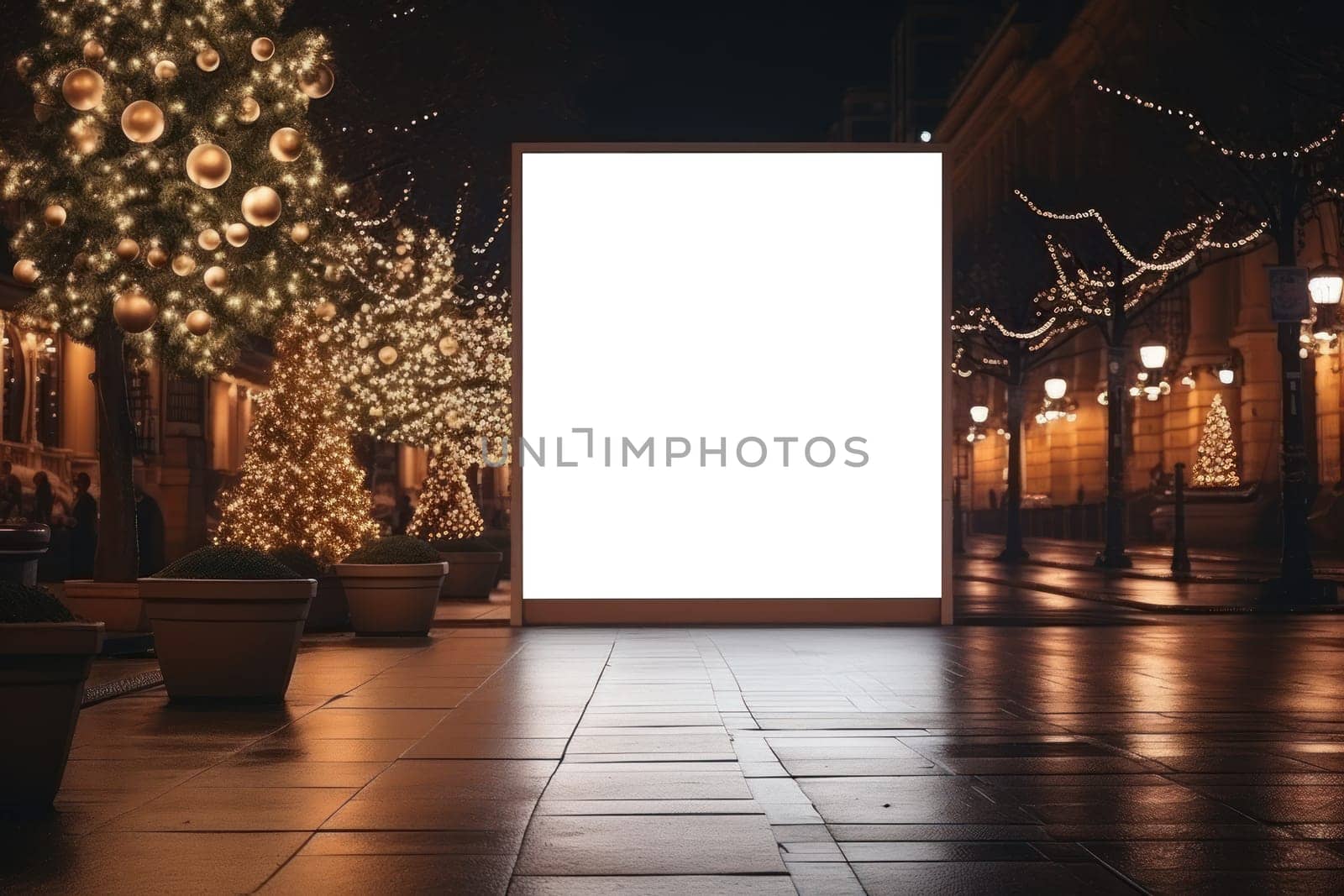 Christmas, Mock-up of blank billboard at store street showcase window in a city at night. Generative ai.