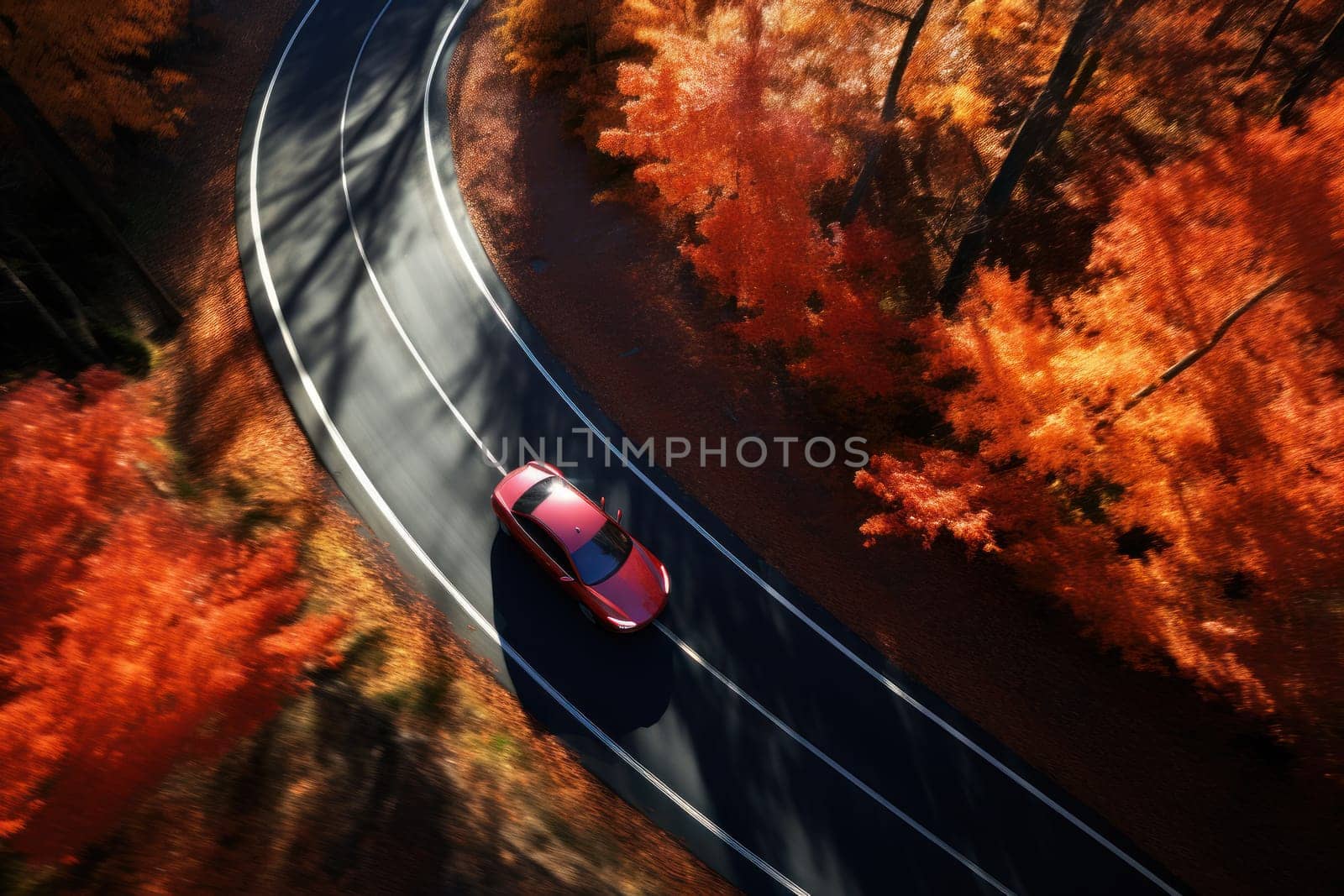 a car in autumn forest . Ideal for dreaming or traveling. Generative AI by matamnad
