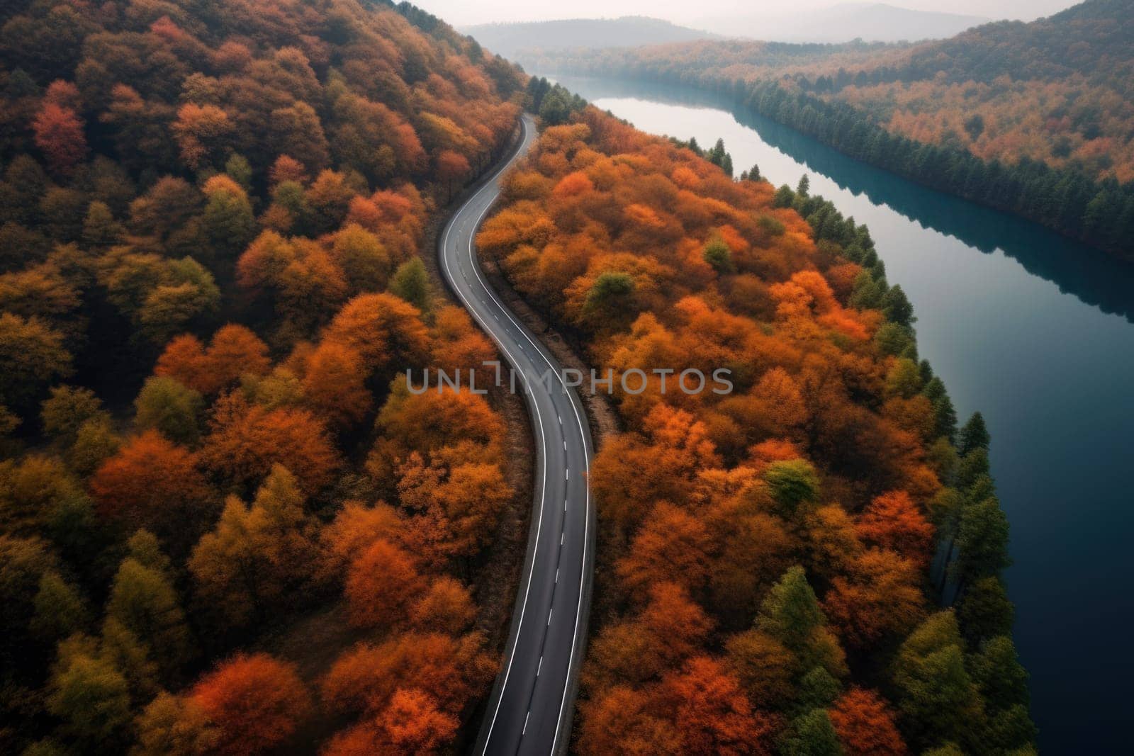 Autumn road trip. Highway in beautiful autumn landscape created with Generative AI technology.