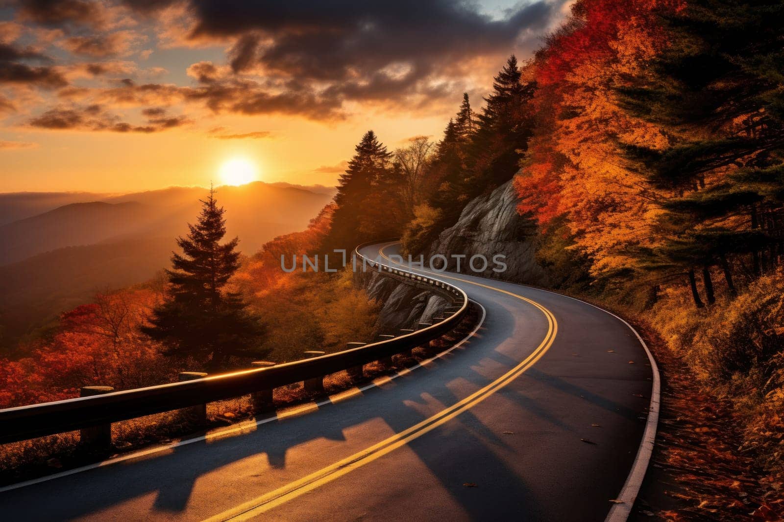 Autumn road trip. Highway in beautiful autumn landscape created with Generative AI technology by matamnad