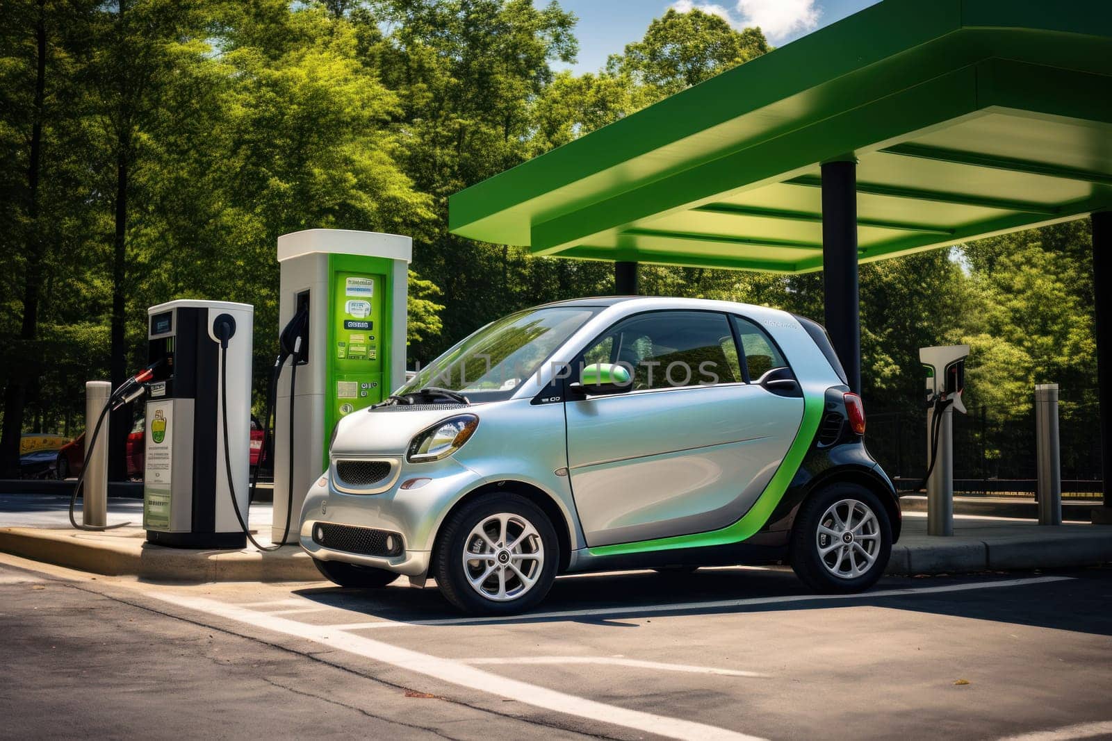 EV charging car on a sunny day. Generative AI..