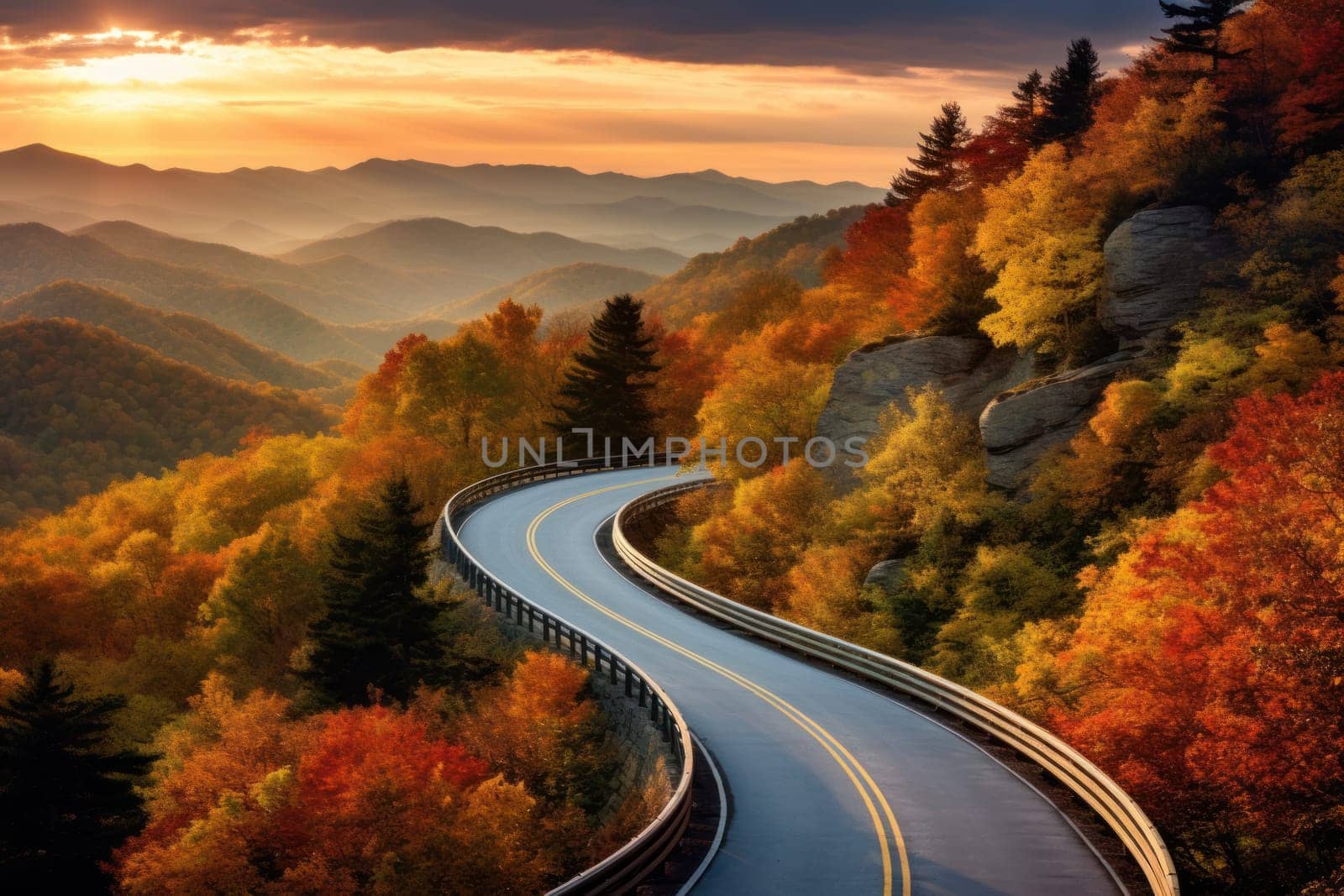 Autumn road trip. Highway in beautiful autumn landscape created with Generative AI technology.