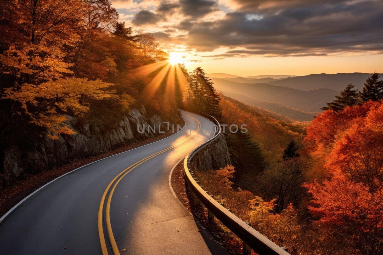 Autumn road trip. Highway in beautiful autumn landscape created with Generative AI technology by matamnad