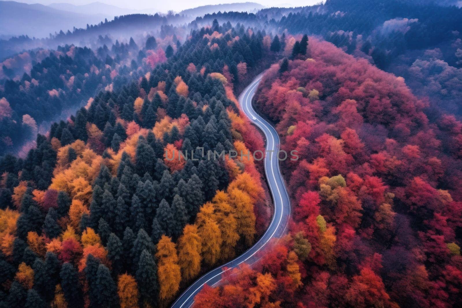 Autumn road trip. Highway in beautiful autumn landscape created with Generative AI technology.