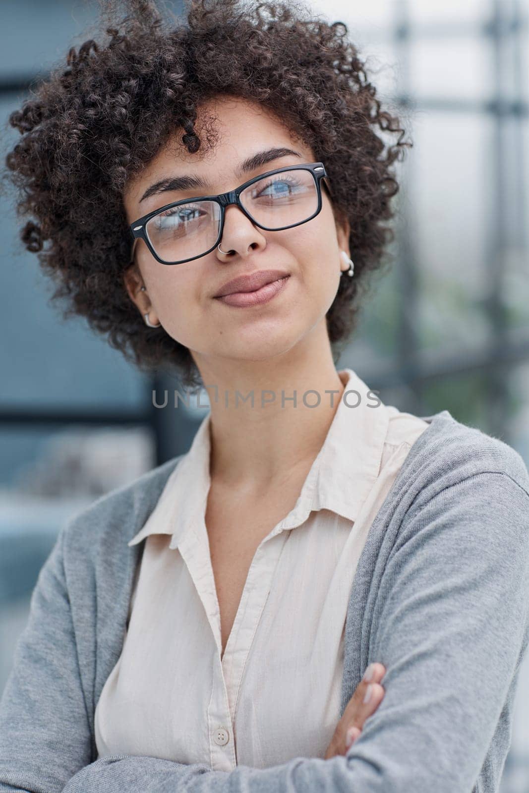 Female leader in glass, manager or CEO with a smile, mission and vision in the office