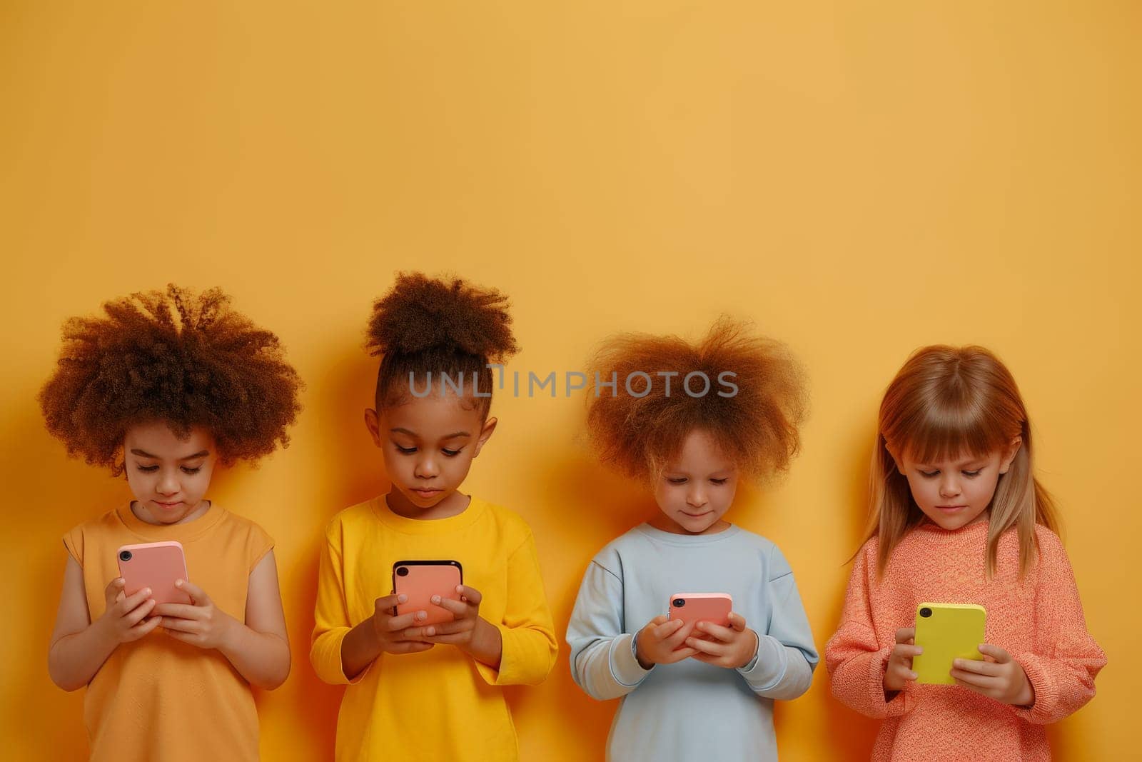 Smartphone addiction group of little children. Kids playing with phone together, Nomophobia.