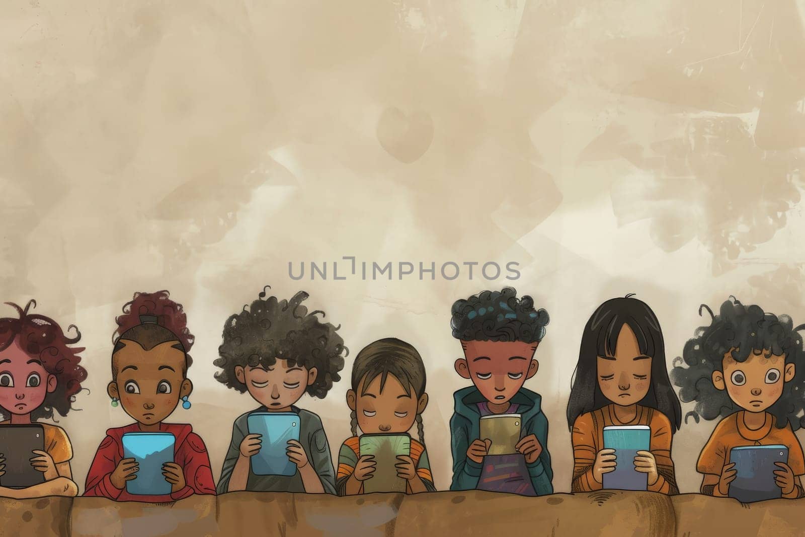 Smartphone addiction group of little children. Kids playing with phone together, Nomophobia by nijieimu