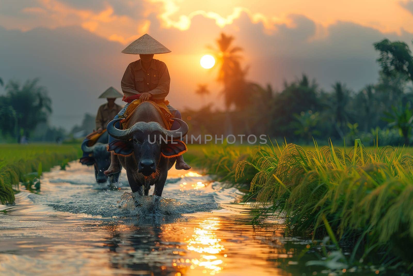 The atmosphere of the rice fields adorned with lush green rice plants, Rice farming with buffalo.