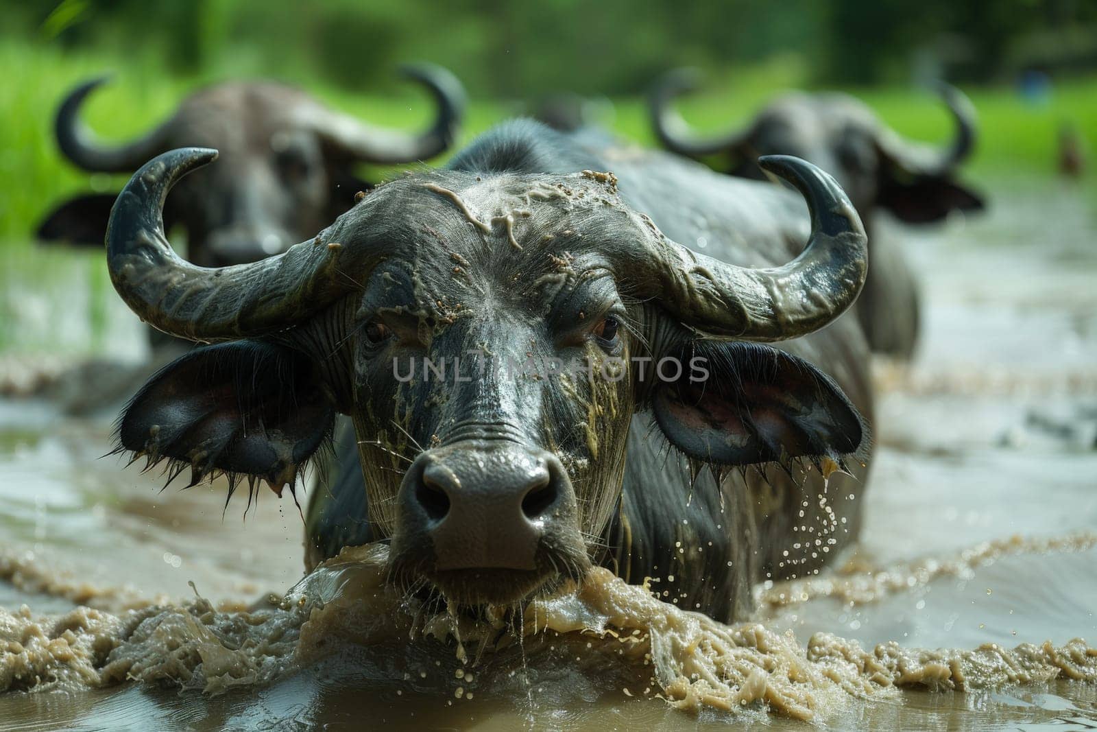 The atmosphere of the rice fields adorned with lush green rice plants, Rice farming with buffalo.