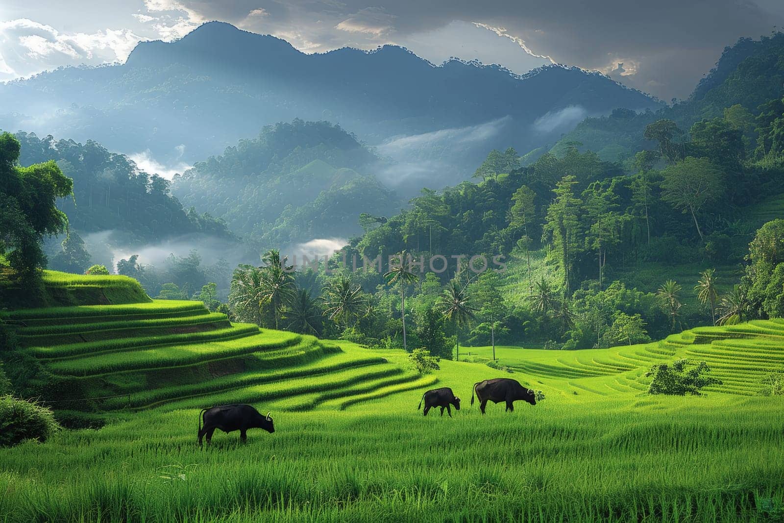 The atmosphere of the rice fields adorned with lush green rice plants, Rice farming with buffalo.