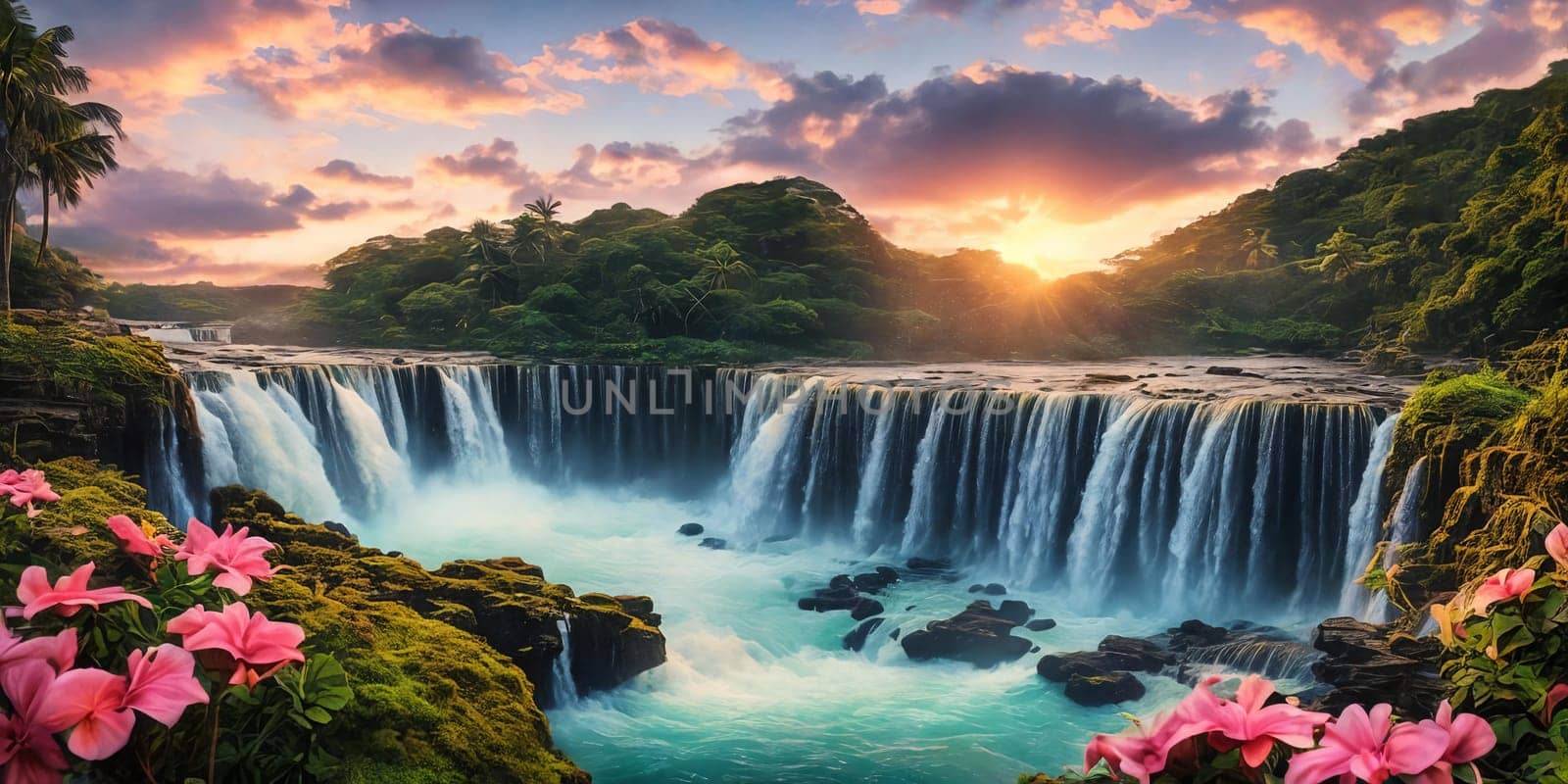 Fantasy landscape with waterfall at sunset, panorama.
