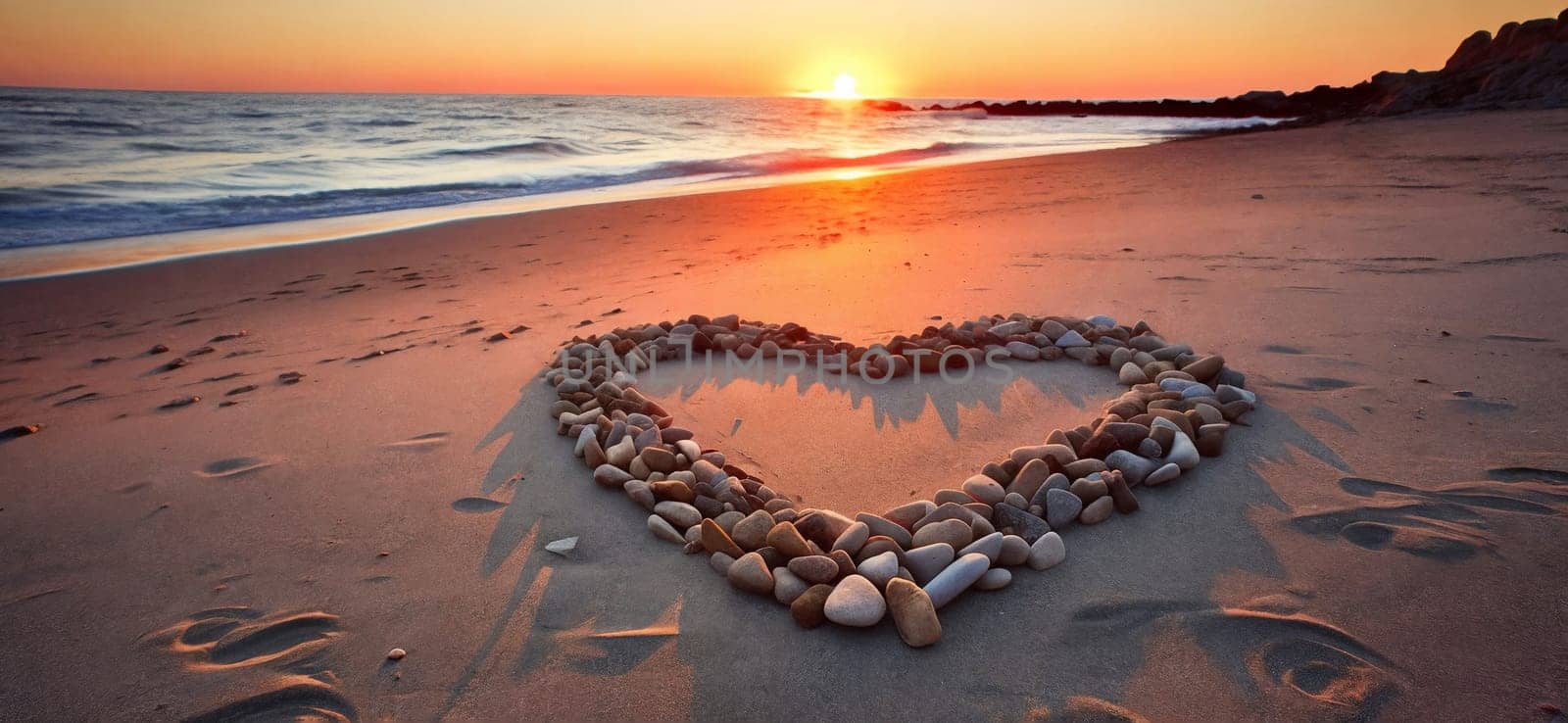 Heart-shaped stones on a sandy beach, illuminated by the warm colors of a sunset. A romantic scene perfect for expressing love