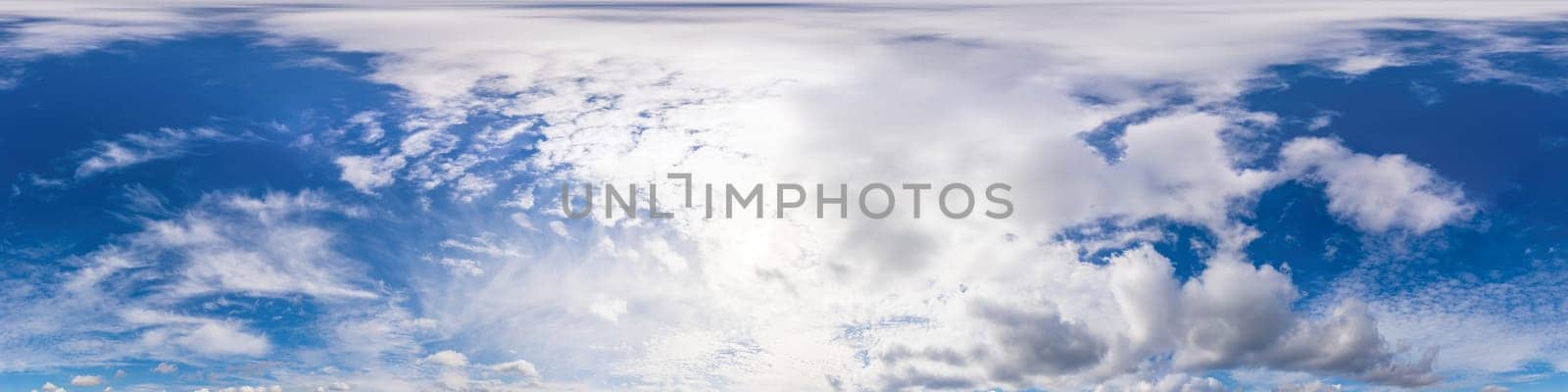 Sky panorama with Cirrus clouds in Seamless spherical equirectangular format. Full zenith for use in 3D graphics, game and editing aerial drone 360 degree panoramas for sky replacement