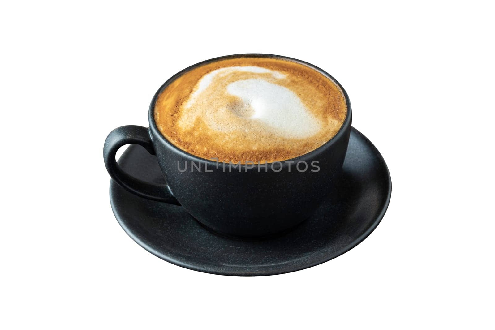 Relaxing latte coffee in black porcelain cup on white background