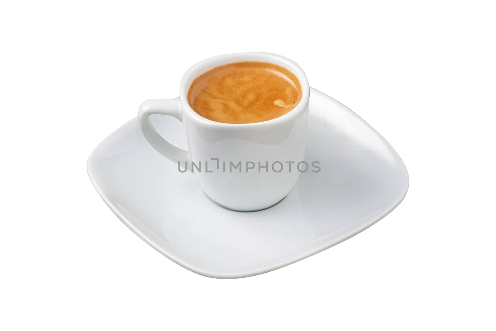 Fresh espresso coffee together decorated with coffee beans on white background by Sonat