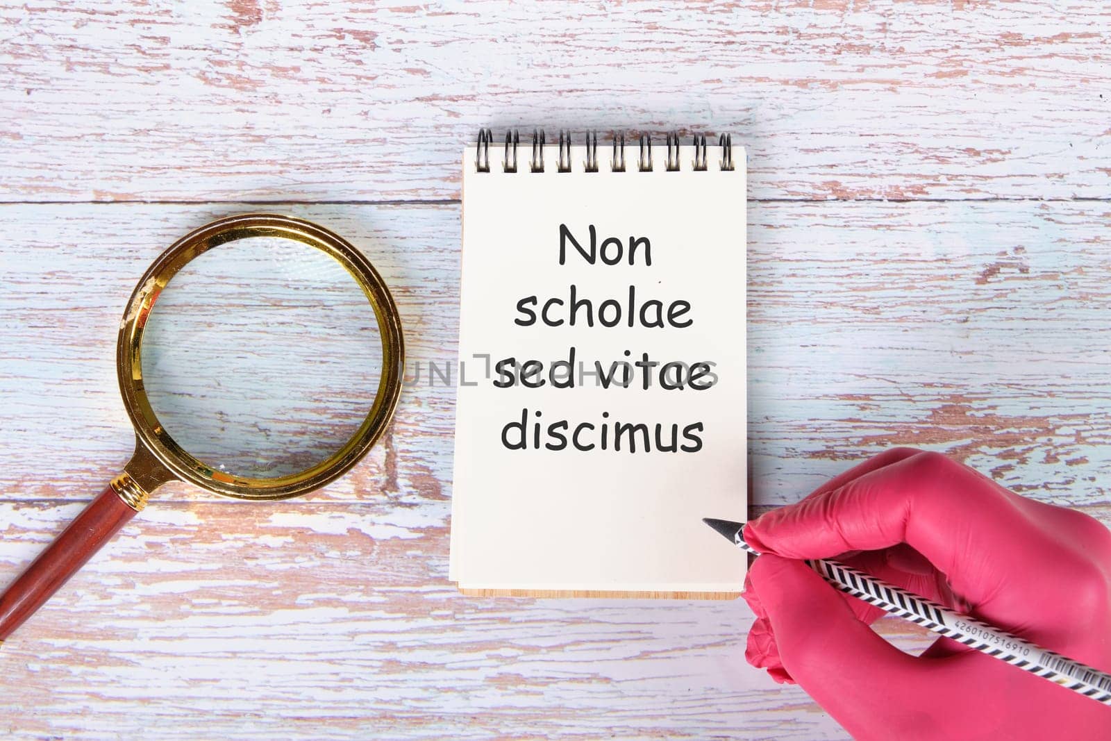Non scholae sed vitae discimus It is translated from Latin as We study not for school, but for life. written in pencil on a notebook