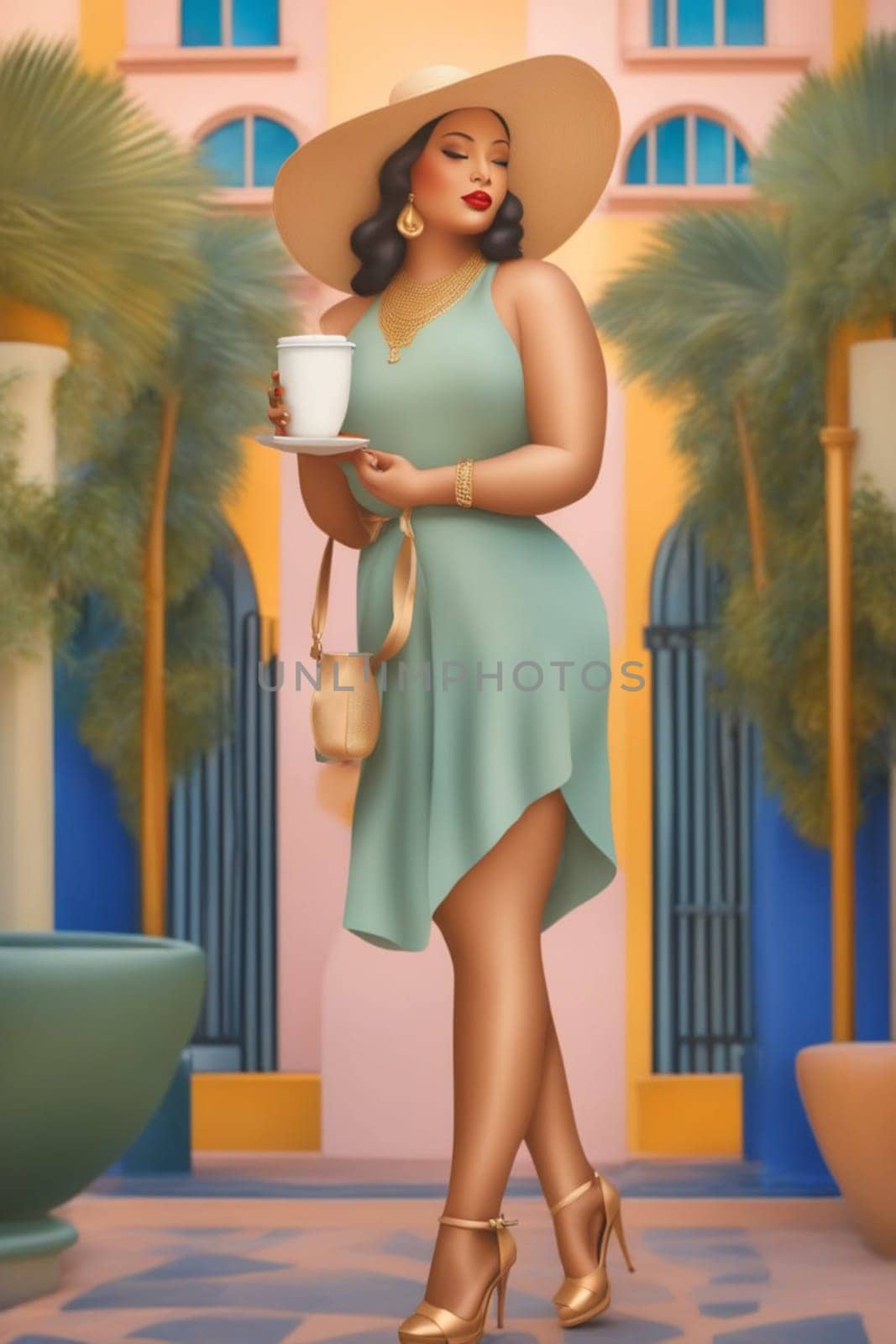 iilustration of voluptous female model having latte macchiato relax outdoors poolside in villagenerative ai art