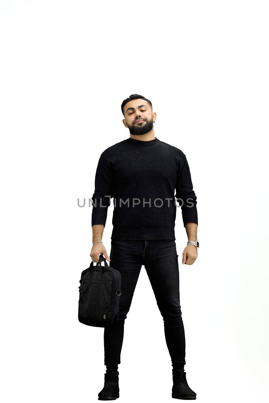 A man, full-length, on a white background, with a briefcase.